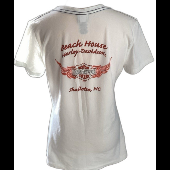 Harley Davidson T-Shirt Women's Size L Color White Motorcycle V-Neck Sequined - Picture 2 of 7